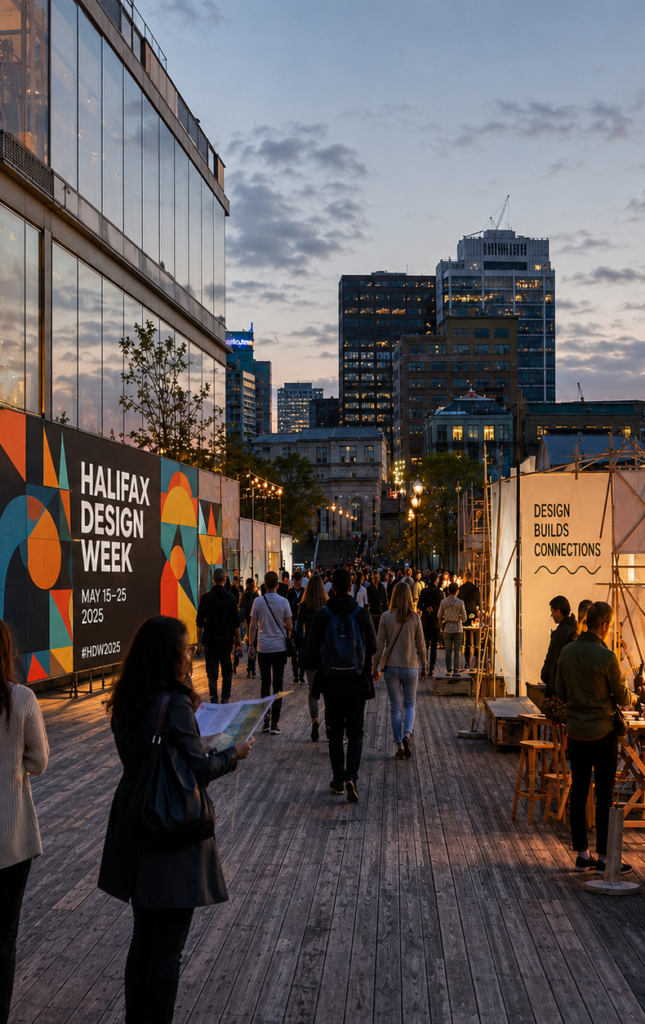 Illustration view of Halifax waterfront with a design week banner and artists display on the sides