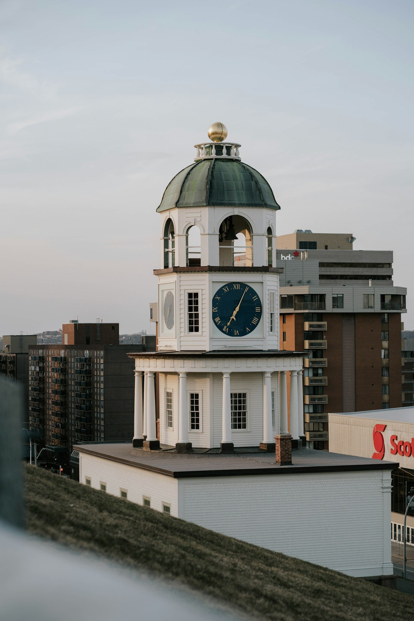 The Halifax Town Clock in front of downtown office towers